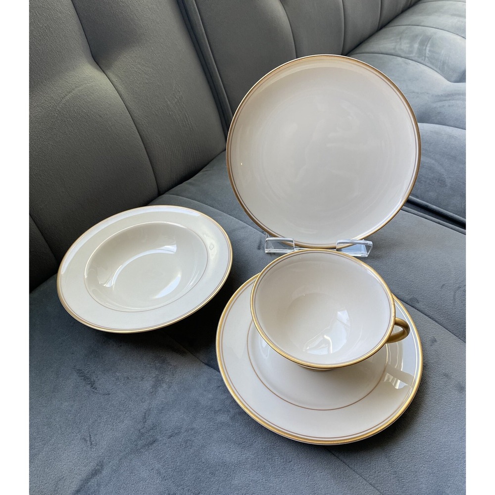 4pc FRANCISCAN Masterpiece China Ivory Gold Trim Tea Cup,Saucer,Soup,Dessert Set